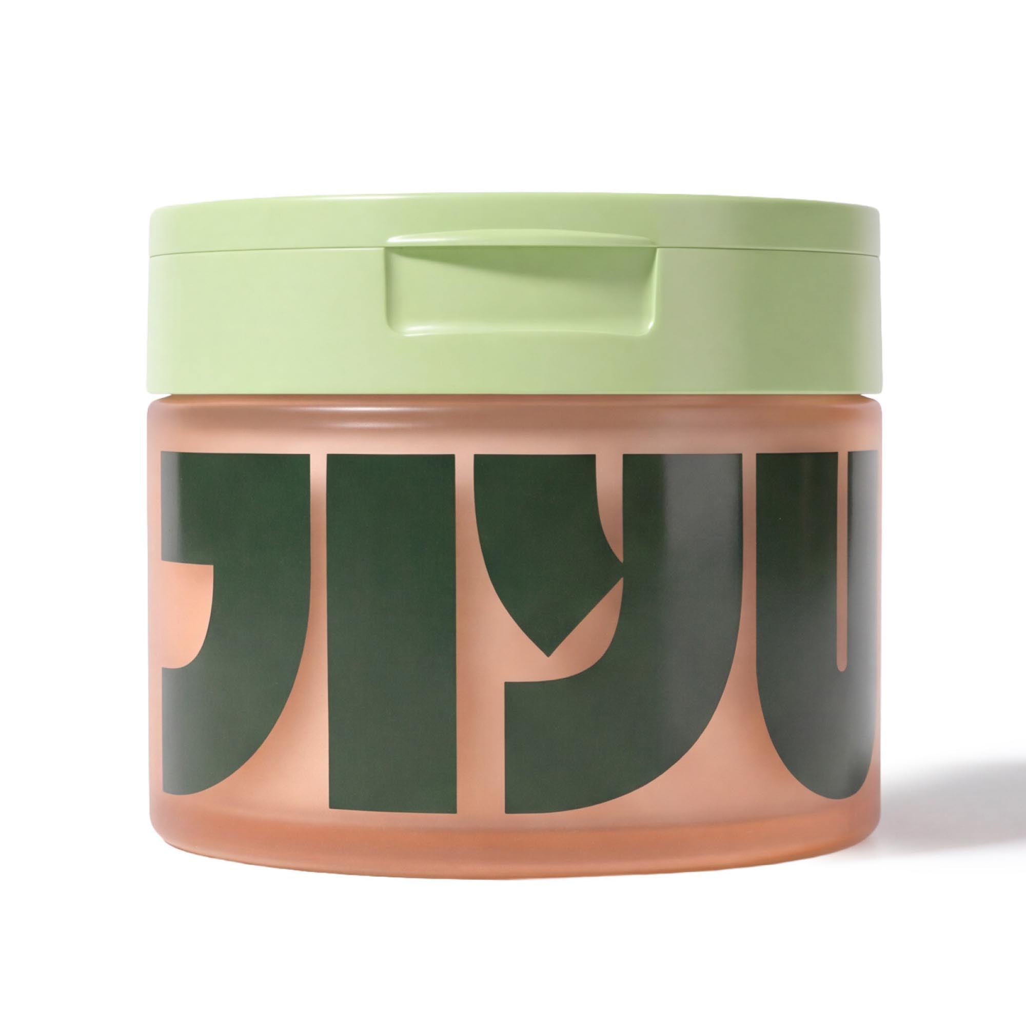 One frosted peach jar of toner pads with a light green flip-top lid, large green JIYU lettering on the front