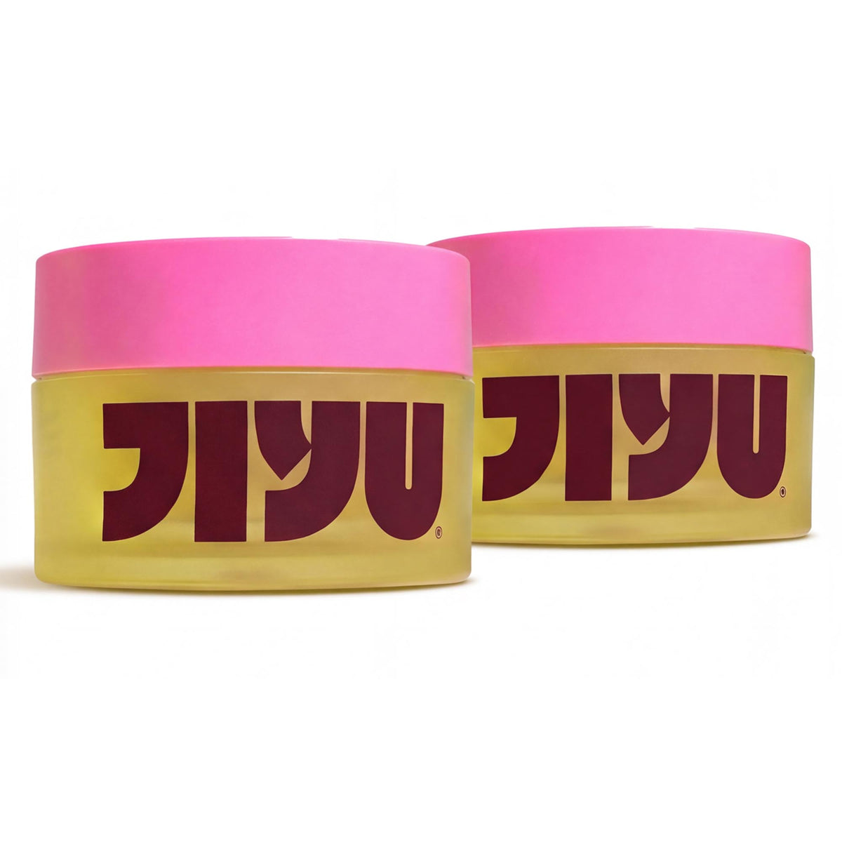 Two yellow frosted jars with pink lids and maroon JIYU logos side by side