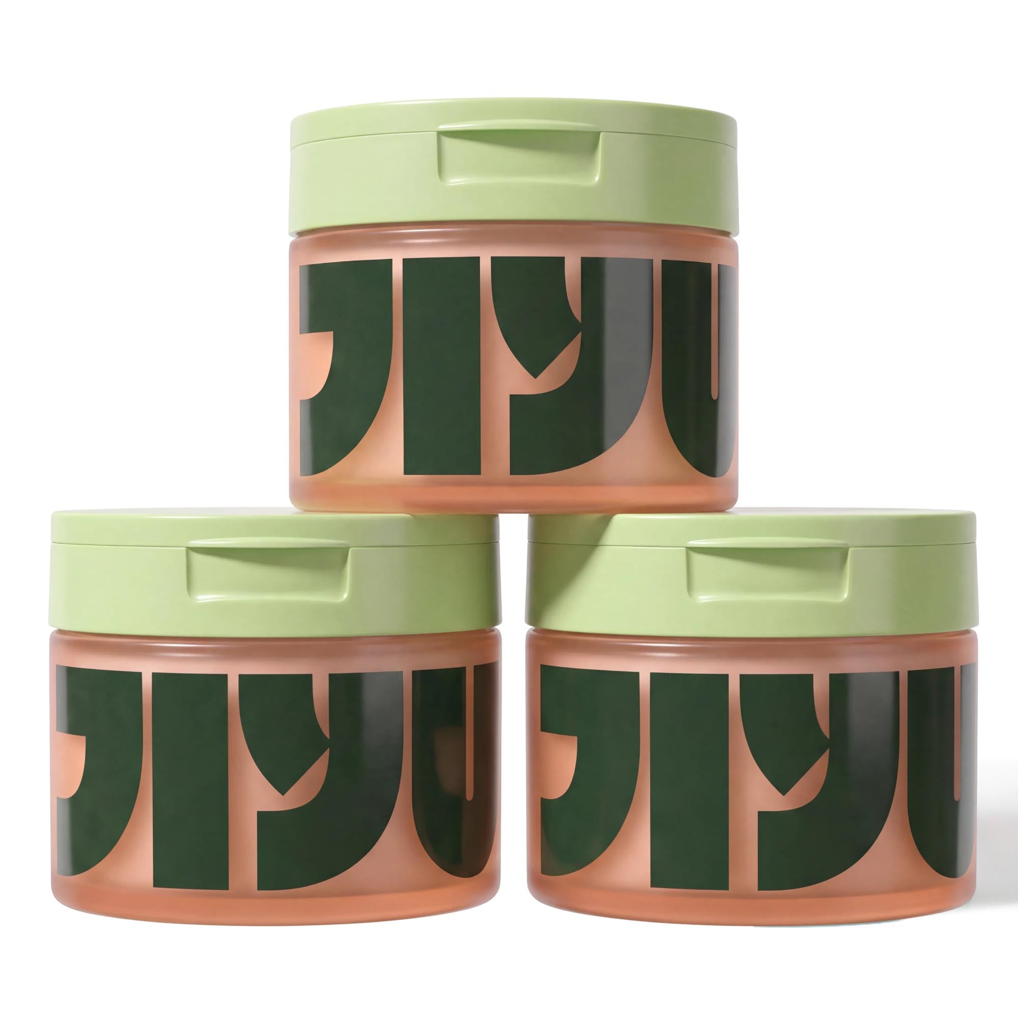 Three frosted peach jars of toner pads with light green lids stacked in a pyramid, JIYU lettering facing forward