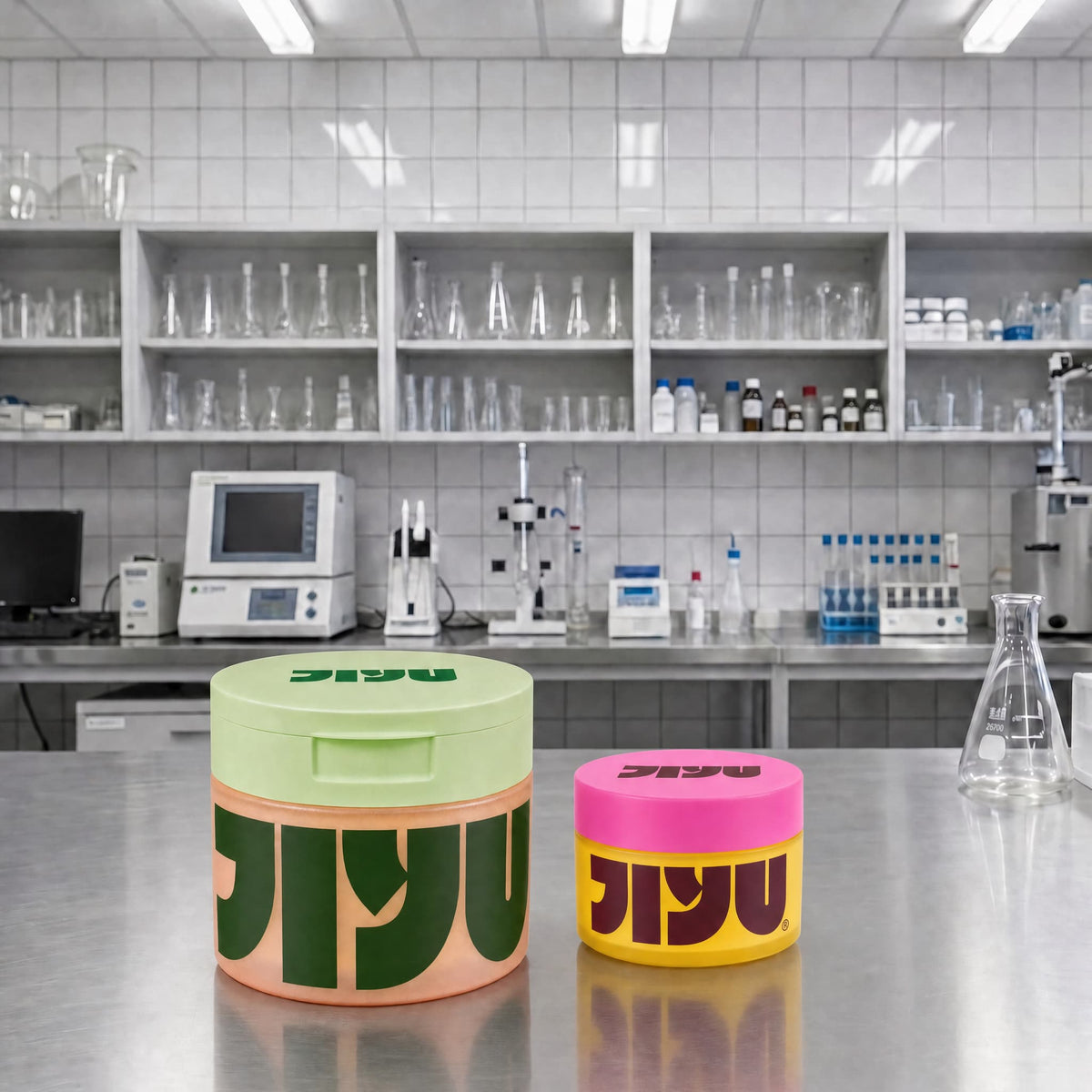 JIYU toner pad jar and pink-lidded moisturizer jar on a steel counter in a laboratory with glassware shelves
